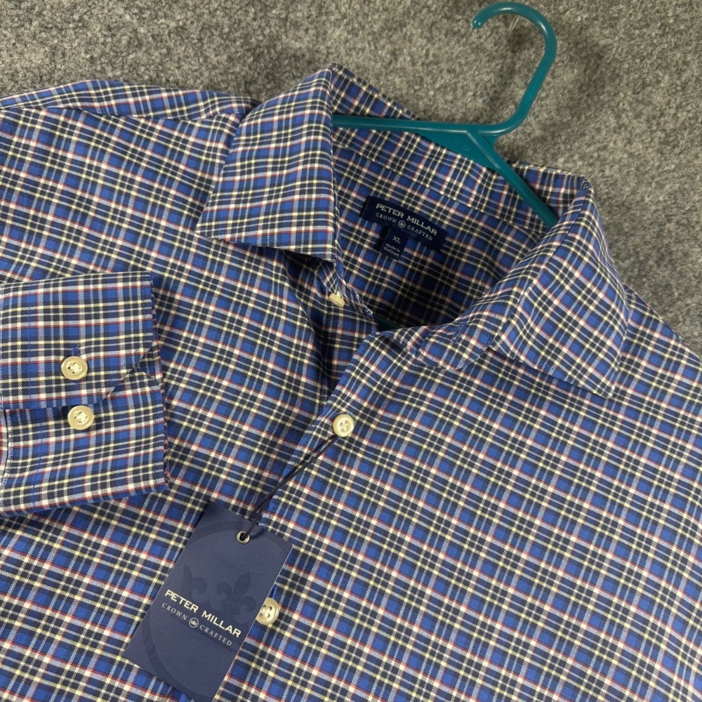 Peter Millar Crown Crafted Shirt Mens XL Blue Plaid Stretch Performance Tailored